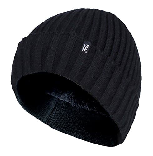 Image of HEAT HOLDERS - Mens Ribbed Knit Fleece Lined Insulated Warm Turn Over Cuff Thermal Winter Beanie Hat (One Size, Black (TOR))