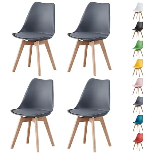 Image of MOF Dining Chairs Set of 4 – Modern Faux Leather Dining Room Chairs with Wooden Legs, Padded Seat & Curved Backrest – Easy to Clean Chair for Lounge, Kitchen, Office - Stylish DELUXE Retro EVA (Grey)