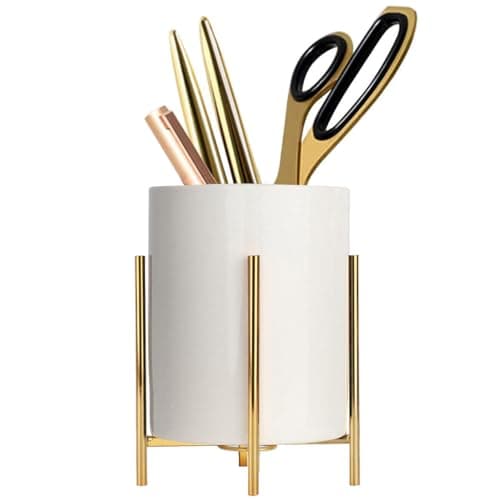 Image of LOUIE SILNA Ceramic Pen Holder with Gold Metal Stand, Round Desk Organizer, Luxury Makeup Brush Holder & Stationery Storage Cup for Office, Home, Vanity, 12cm x 8.5cm, Medium