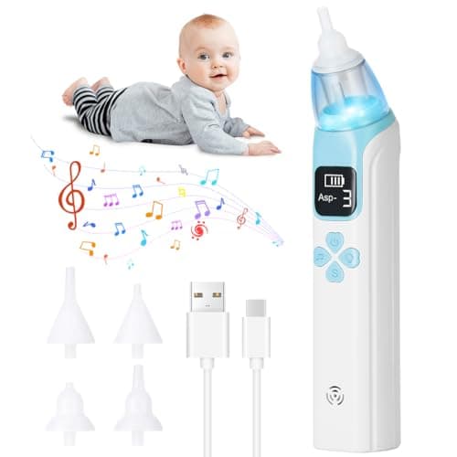 Image of URAQT Nasal Aspirator Baby, Electric Baby Nose Sucker with 4 Silicone Tips Nose, Rechargeable Automatic Baby Nose Cleaner for 3 Suction Levels, Toddlers Anti-Backflow Sucker with Music and Light, Blue