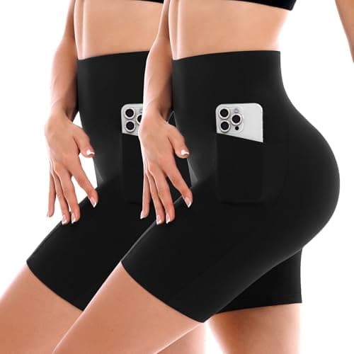 Image of SINOPHANT 2 Pack Cycling Shorts Women with Pockets High Waist Biker Yoga Running Gym Workout Buttery Soft Athletic Black LXL