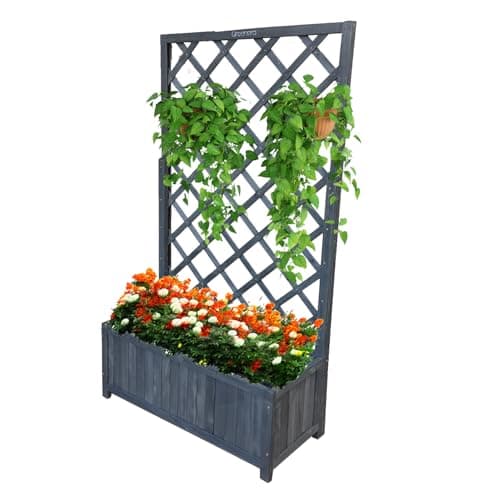 Image of Vivo Technologies Large Rectangular Wooden Planter with Liner and Lattice Trellis Panels for Climbing Plants, 70x30x135cm Flower Plant Pot Box for Garden Patio, Grey