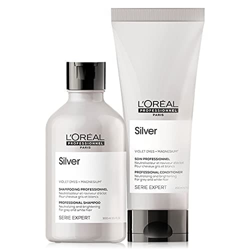 Image of L'Oréal Professionnel Serie Expert Silver Shampoo and Conditioner Set, Neutralises Unwanted Brassy Tones, For Grey, White or Light Blonde Hair, 300 ml and 200 ml