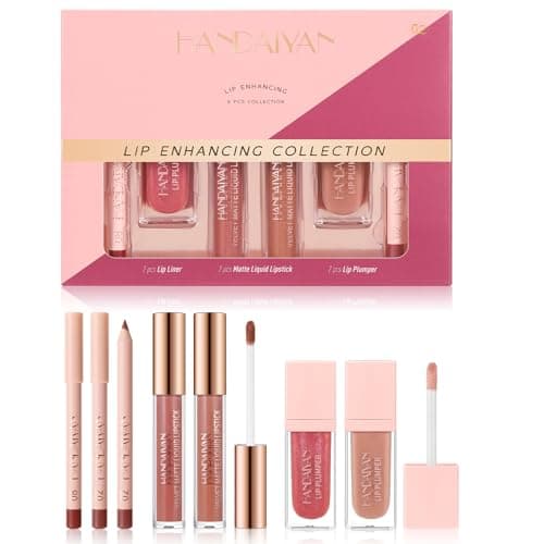 Image of 6PCS Lip Combo Set – Matte Liquid Lipstick, Lipliner & Lip Plumper Kit, Long-Lasting Moisturising Lipstick Makeup Gift Set for Fuller Lips, Nude & Pink Shades (# 02)
