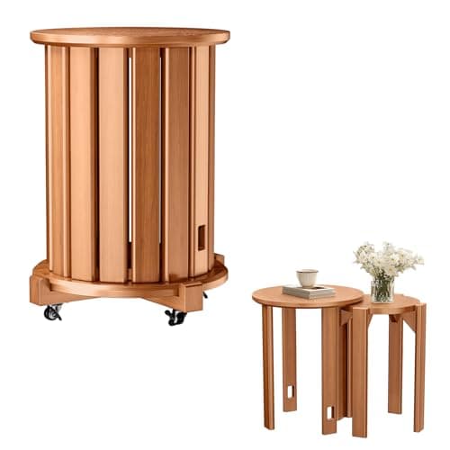 Image of tekrabea Round Stackable Stools Set of 4, Wooden Nesting Chairs on Wheels, No Assembly Required Round Stacking Stool for Kitchen, Living Room, Bar, Dorm (Wooden)