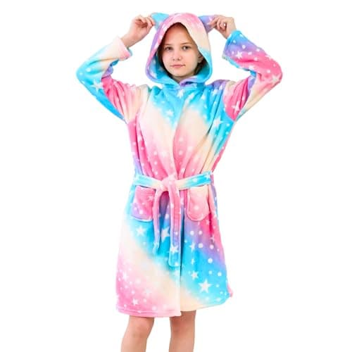 Image of Ceruwum Cute Dressing Gown for Girls - Soft Hooded Robe Sleepwear Kids (Light Rainbow, 5-6 Years)