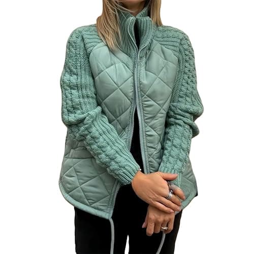 Image of Zyzzephyr Casual Solid Color Knitted Patchwork Zipped Jacket Winter Warm Coat with Pockets, Casual Solid Color Knitted Patchwork Zipped Jacket, Women's Knit Patchwork Puffer Jacket (Light green,XL)