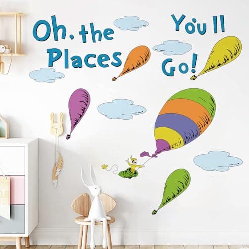 Image of Runtoo Oh The Places You'll Go Wall Art Decal Inspirational Quotes Hot Air Balloon Wall Stickers Kids Reading Room Playroom Bedroom Wall Decor