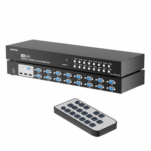 Image of Arvitek 16 Port KVM Switch VGA, 16 Computers Share 1 Set of Monitor, Keyboard, Mouse, Printer, 16 in 1 Out Rack Mount KVM with 3 USB 2.0 Hubs (Included 16 VGA KVM Cables + IR Remote)