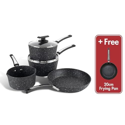 Image of Scoville Xtra 4+1 Piece Cookware Set, Non Stick Pans Set, NEVERSTICK Coated, 16cm Milk Pan, 18/20cm Saucepans with Lids, 20/24cm Frying Pans, Suitable for All Hobs, Aluminium, Black [Amazon Exclusive]
