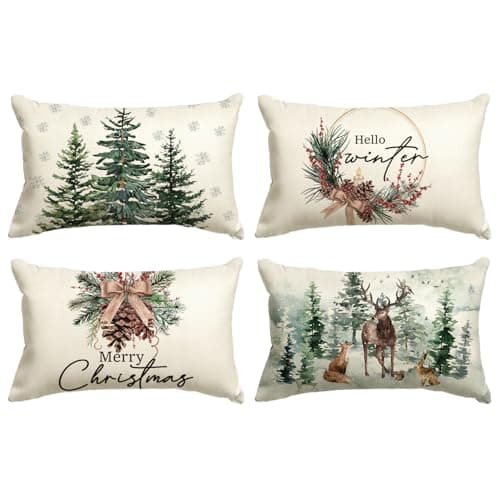 Image of Artoid Mode Pine Trees Reindeer Christmas Cushion Covers Set of 4, 30x50 cm Winter Xmas Decorative Pillow Case Cover Sofa Living Room Decor