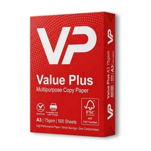 Image of Value Plus A3 Multipurpose Copy Paper 75gsm – 500 Sheets (1 Ream) for Printing & Copier Use, for A3 Printer Paper for Home & Office, High Quaity Printing Paper, Compatible with Laser, Copy, Inkjet.