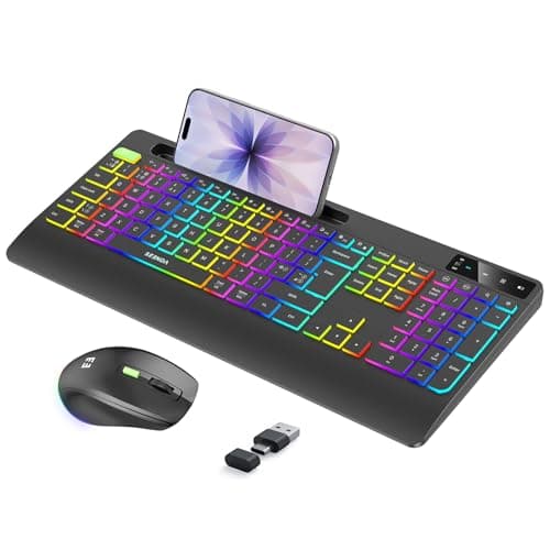 Image of seenda Wireless Backlit Keyboard and Mouse, Rechargeable 2.4G USB A & Type C Ergonomic Set UK QWERTY Layout with Rainbow Backlight and Wrist Rest, Black