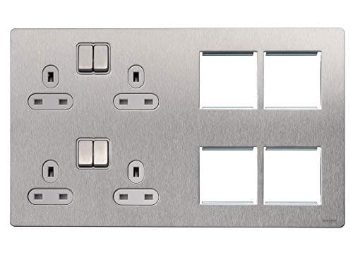 Image of Schneider Electric GU34204DMPWSS Ultimate Screwless Flat Plate, Double Pole, Combination Media Plate, Stainless Steel with White Insert, Switched 4 Gang Power Socket