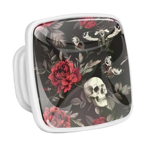 Image of lcndlsoe Red Rose Skull Hawk Moth Pattern 4 PCS Crystal Glass Cabinet Knobs, Square Drawer Kitchen Cabinets Dresser Cupboard Wardrobe Pulls Handle - Glowing in The Dark