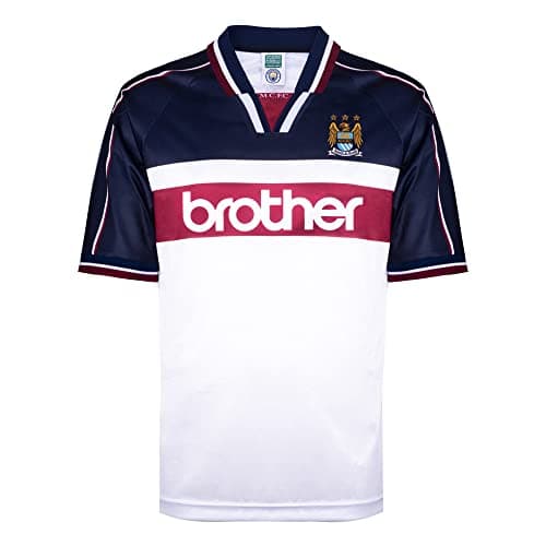 Image of Score Draw Manchester City 1998 Away Retro Shirt White/Navy Medium Polyester