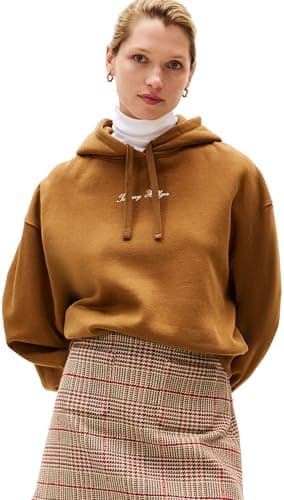 Image of Tommy Hilfiger Women's Classic Script Fleece Hoodie, Brown (Highland Khaki), L