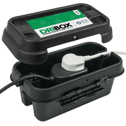 Image of DRiBOX Small IP55 Weatherproof Outdoor Electrical Connection Box 25.5 x 14.1 x 10.2cm – Power Cord Enclosure for Christmas Lights, Timers, Extension Cables, Leads, Reels, Transformers (Small, Black)