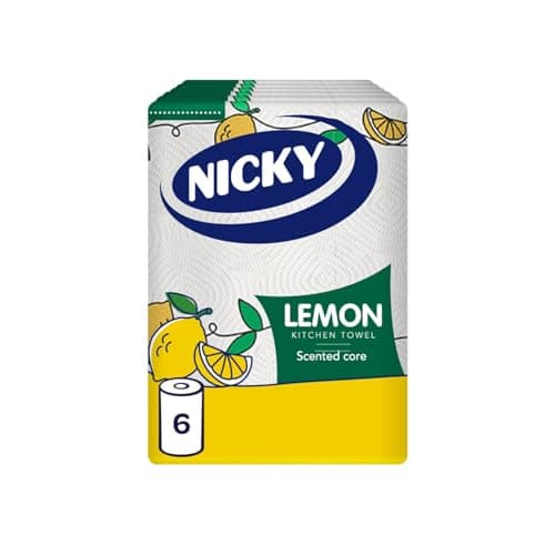 Image of Nicky Lemon Kitchen Towel - Pack of 6 Rolls, 150 2-Ply Sheets per Roll, Absorbent, Easy Opening, Lemon Scented Core,Embossing, Decorated Sheets, 100 Percent FSC Paper