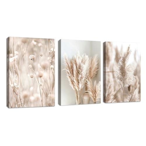 Image of FajerminArt 3 Panels Boho Canvas Wall Art Set Modern Beige Reeds Pampas Plants Pictures Painting on Canvas Prints for Living Room Bedroom Office Wall Decoration Stretched On Frame 30x40cmx3Pcs