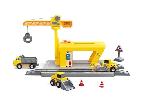 Image of Hape Railway Crane Construction Set | Wooden Train and Construction Playset with Movable Crane, Vehicles and Expandable Tracks | For 3 Years +