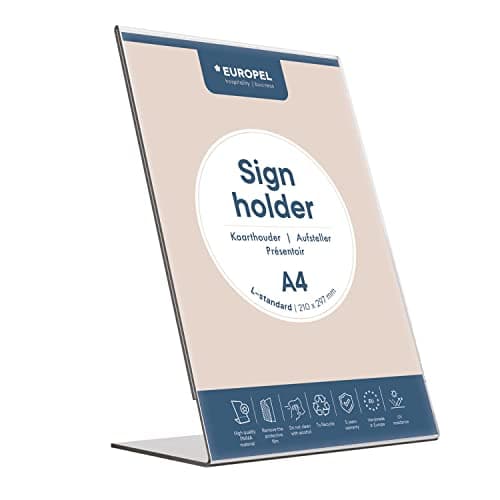 Image of Europel Sign Holder, L-Standard, A4 Size, Portrait – Clear Acrylic Poster, Menu & Leaflet Display Holder for Restaurants, Hotels, Conference & Reception – Free Standing & Slanted Design