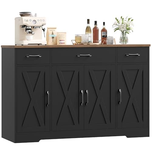 Image of HOCSOK Sideboard, 140cm Sideboard Storage Cabinet with 4 Barn Doors & 3 Drawers, Large Kitchen Cabinet with Adjustable Shelves, Cupboard for Living Room, Dining Room, Black 140x81x38.6 cm