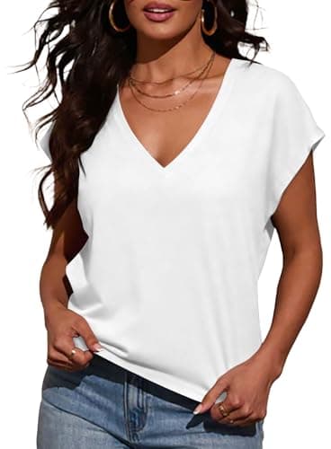 Image of INFITTY White T Shirt Women Short Sleeve V Neck Loose Fit Casual Solid Color Tee Shirts 2026 Trendy White L