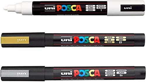 Image of Posca Water Based Permanent Marker Paint Pen - Multi Surface Use - PC-5M, 1.8-2.5mm - White, Silver & Gold Ink - Pack of 3