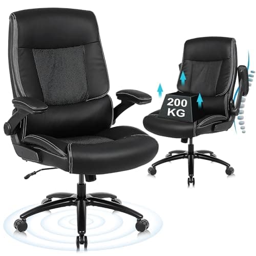 Image of Youhauchair Executive Office Chair, Desk Chair with Flip-up Armrests, 200KG Computer Chairs for Heavy People, PU Leather Office Chairs for Home, High Backrest Ergonomic Office Chair, Black