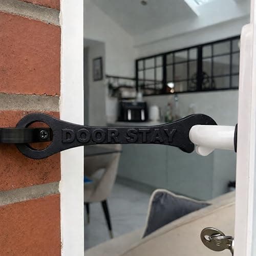 Image of Door Stay Bi-Fold Door Stay – Hook & Eye Latch Style Door Holder & Restraint – Holds Bi-Fold Doors Open Securely – Controlled Opening for Ventilation & Pet Access – Black