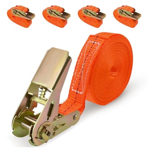 Image of URAQT Heavy Duty Ratchet Straps, 4 x 1000KG Heavy Duty Tensioning Belts, 25mm 6M Tie Down Straps, Adjustable Ratchet Tie Downs Straps for Motorcycle, Cargo, Trucks, Trailer, Luggage (Orange)