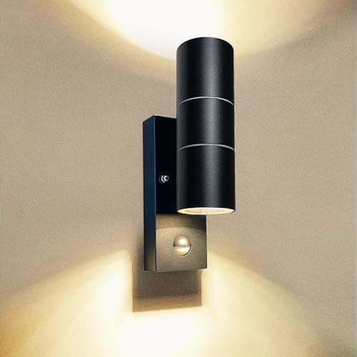 Image of Wondlumi Outdoor Wall Lights PIR Motion Sensor Outside Light Mains Powered Wall Lamp IP44 Security Lighting Black, Incl. 2X 5W GU10 LED Bulbs Warm White