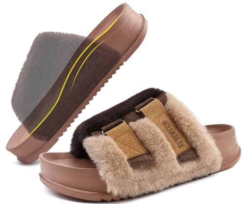 Image of KuaiLu Womens Platform Slipper with Arch Support Soft Cushion Faux Fur Sandals Open Toe House Slipper Fluff Slides Indoor Outdoor,Brown Size 4
