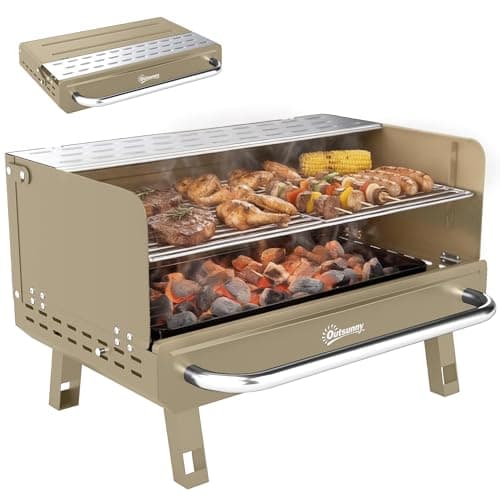 Image of Outsunny Portable BBQ Grill, Charcoal Barbecue Grill with Adjustable Grates, Foldable Legs and Side Shelf for Camping Hiking Picnic Travel Garden Outdoor Cooking, Khaki
