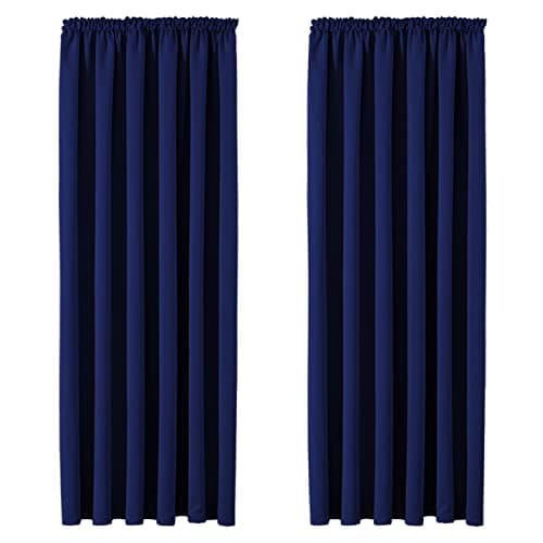 Image of Aspire Homeware Blackout Curtains for Bedroom - Pencil Pleat Black Out Living Room Curtains 46 x 54 inch Drop Super Soft Thermal Insulated Short Kitchen Curtain Pair Panel with Tiebacks, Navy