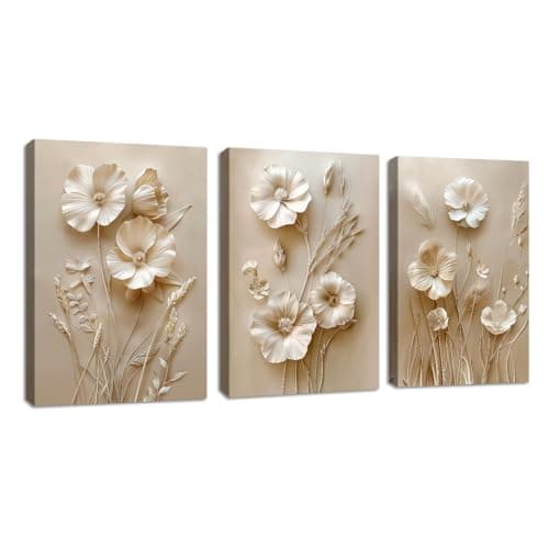 Image of FajerminArt 3Pcs Neutral Beige Floral Canvas Wall Art, Framed Boho Botanical Flower Wall Pictures Blossom Flowers Poster Prints Painting Wall Decor for Bedroom Living Room Office 50x70cmx3 Pcs