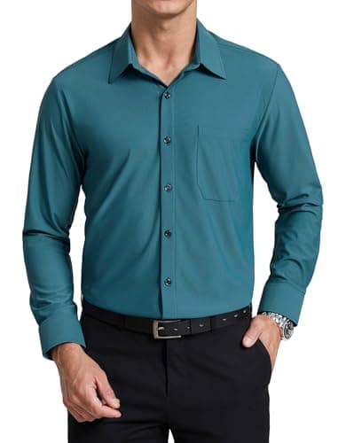 Image of Enlision Mens Shirts Long Sleeve Teal Stretch Non Iron Shirt for Men Business Wedding Formal Regular Fit Button Down, 2XL