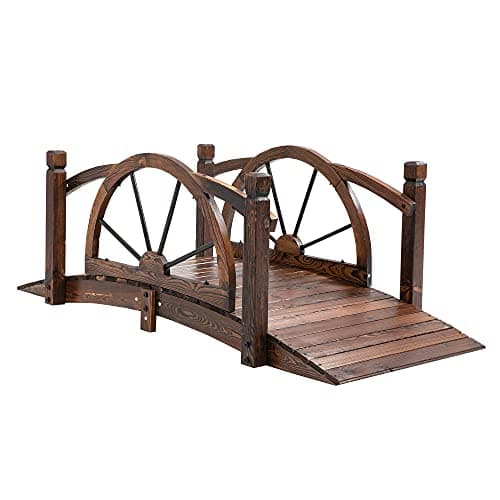 Image of Outsunny 1.5M Wooden Garden Bridge Decorative Arc Footbridge with Safety Guardrail Outdoor Lawn Pond Bridge Walkway Stained Wood