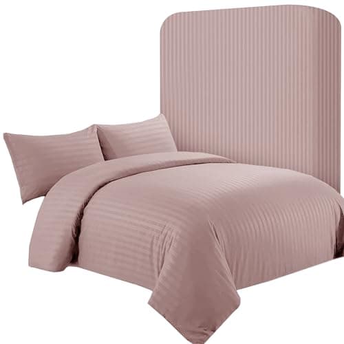 Image of AR Ware Double Satin Stripe Duvet Cover Set – 4 Pcs Blush Soft, Hotel-Style Bedding Set with 2 Pillowcases and 1 Fitted Sheet