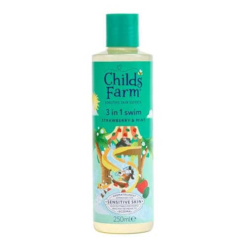 Image of Childs Farm Kids 3 in 1 Swim, Strawberry & Mint - Body Wash, Shampoo & Conditioner | Tear-free | Suitable for Dry, Sensitive Skin, 250ml