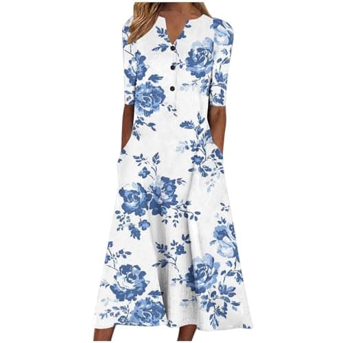 Image of Boho Dresses for Women UK Clearance Italian Short Sleeve Button V Neck Dress with Pocket Ladies Floral Casual Sundress Elegant Swing Midi Dress Loose Pullover Lounge Dresses Beach Holiday Sundress