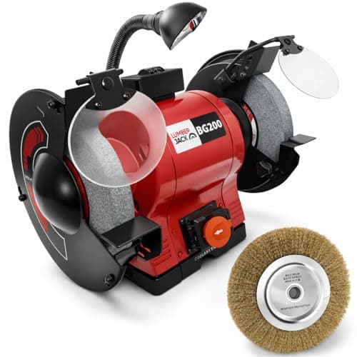 Image of LUMBER JACK 8" Bench Grinder Top Professional Grinding, 550W Induction Motor 2850 RPM Work Light, Coarse & Medium Grit, NVR Safety Switch Free Wire Wheel