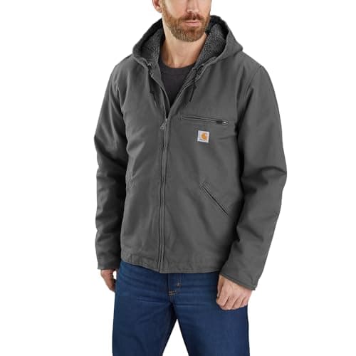 Image of Carhartt Men's Relaxed Fit Washed Duck Sherpa-Lined Jacket Work Utility Outerwear, Gravel, S