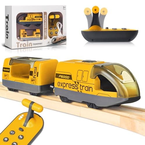Image of Electric Remote Trains Toy for Wooden Track, Remote Control & Motorized Train with 4 Sound and Light Effects for Kids 3 4 5+ Years Old Boys Girls, Compatible with Thomas,Brio,Chuggington-Yellow