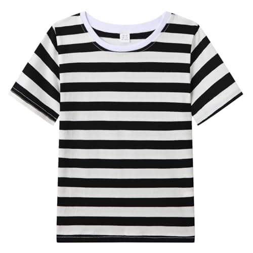 Image of WinZero Kids Striped T-Shirt Soft Cotton Short Sleeve Round Neck Tshirt Boys Girls Stripe Tee Top for Children 8-9 Years Black-White