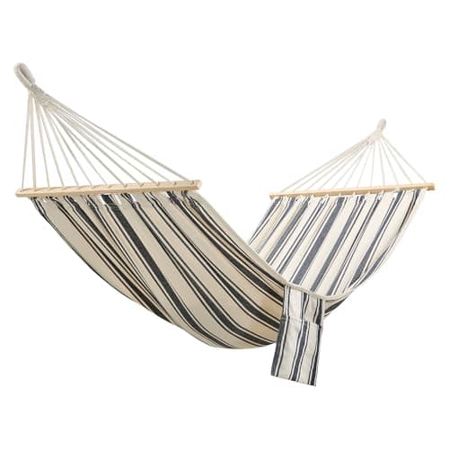 Image of VonHaus Garden Hammock - 1 Person Striped Hammock with Rope Attachments & Storage Bag - Polycotton Single Portable with Travel Bag for Beach, Camping & Outdoors - Blue & White Stripe