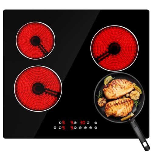 Image of Ceramic Hob,59cm Built-in 4 Zones Electric Hob,6000W,Built in Black Glass Cooker with Touch Control, Child Safety Lock, Timer