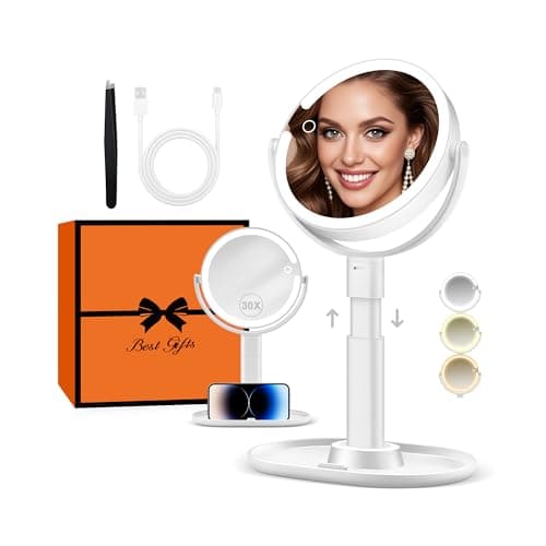 Image of B Beauty Planet Makeup Mirror with Lights, Lighted Magnifying Mirror 30X with 3 Lighting and Adjustable Brightness, 2-Sided Height Adjustable Vanity Mirror for Bathroom, Gifts for Women White