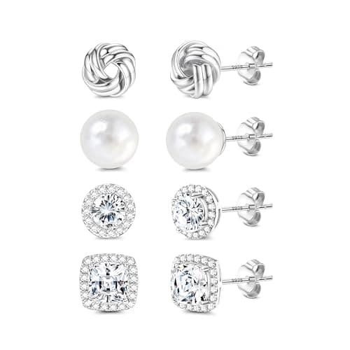 Image of 4 Pairs 925 Sterling Silver Stud Earrings for Women - Hypoallergenic 14K Gold Plated Knot Round Square CZ Pearl Stud Earrings for Sensitive Ears Daily Wear Gift Silver Pearl